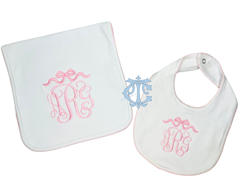Bow Monogram Bib and Burp Set