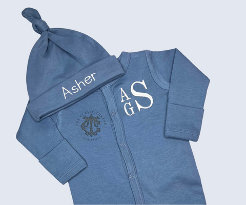 Baby Boy Monogrammed Footie and Hat